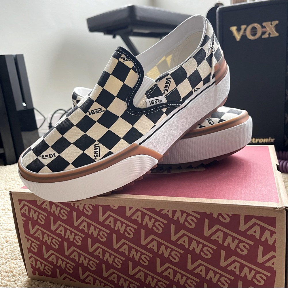 Vans Slip On Stacked Checkerboard Skate Shoe - Black / White - Picture 1 of 4